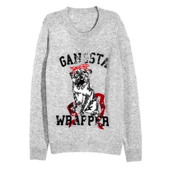 H&M Gangsta Wrapper Sweater Gray Sequin Embellished Long Sleeve Pug Knit Top XS - Picture 2 of 7